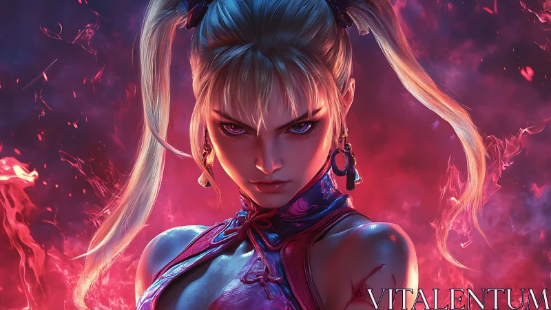 Digital portrait depicts focused fighter amid red flames