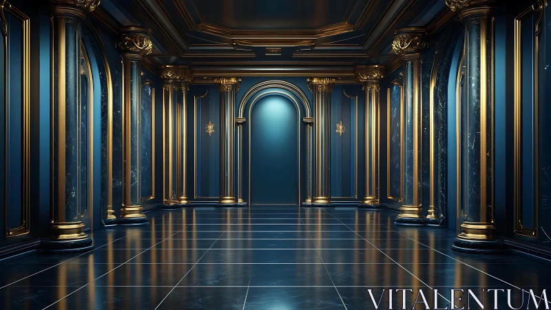 Midnight sapphire ballroom where gilded columns gleam.