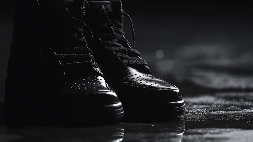 Glossy black sneakers gleam under dramatic low lighting