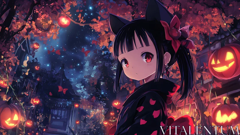 Cat-eared girl stands in lantern-lit Halloween street scene