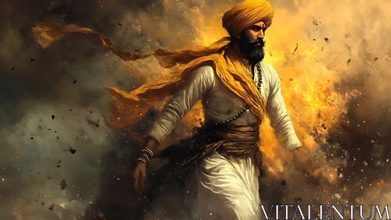 Warrior in saffron turban strides through explosive golden storm.