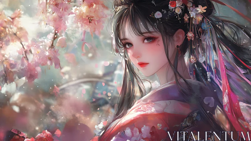 Woman in ornate floral kimono stands among blooming branches