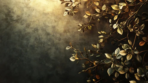 Metallic foliage branches extend across textured dark wall