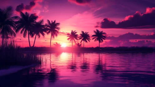 Dreamy tropical sunset in glowing magenta calm waters.