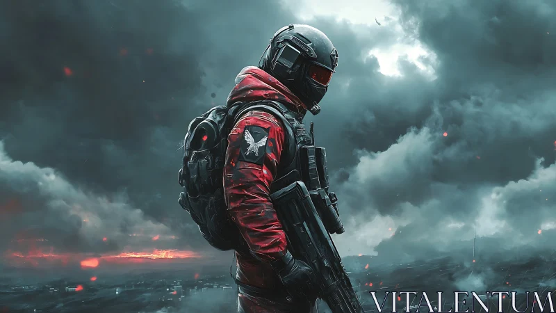 Stormlit sentinel in red stalks the fractured battlefield horizon