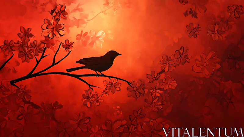 Silhouetted songbird on branch amid glowing crimson blossoms.