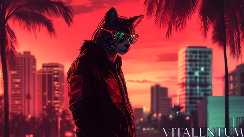 Neon city cat in jacket under vivid sunset sky.
