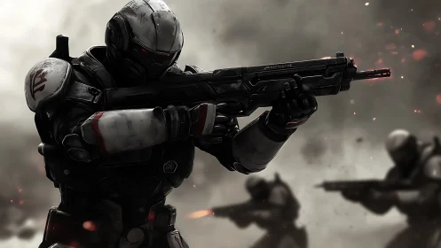 Armored space soldier advances through burning battlefield