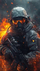 Ember-masked soldier stalking through a storm of sparks.