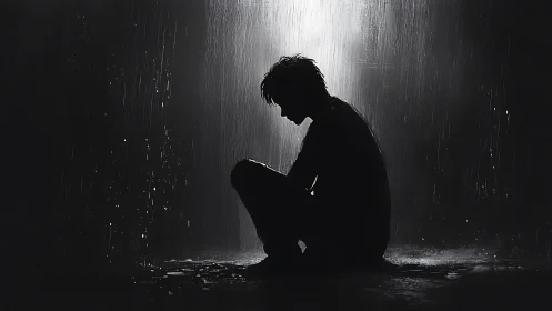 Backlit seated silhouette in heavy rain with high contrast lighting