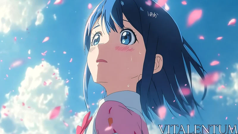 Blue haired anime girl under dynamic sky with sakura petals