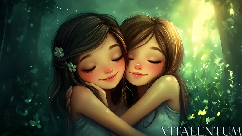 Twin Sisters in Verdant Forest: Digital Illustration with Luminous Botanical Elements.