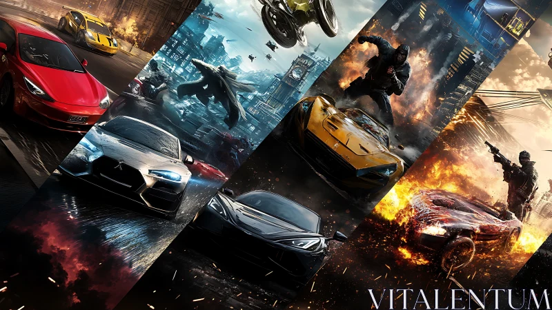 Futuristic hypercars race through explosive cyber-urban chaos