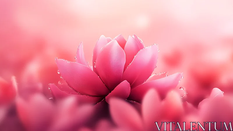 Pink Lotus with Dewdrops in Soft Focus Field.