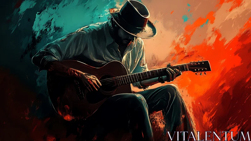Lone guitarist plays under fiery blue and orange light