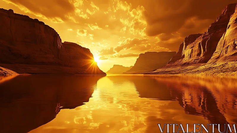 Golden canyon sunset mirrored on tranquil desert river.