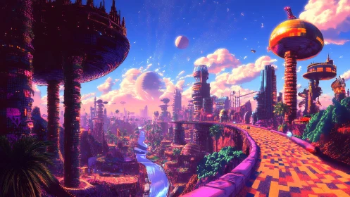 Vibrant layered megastructures illuminate a saturated neon sky