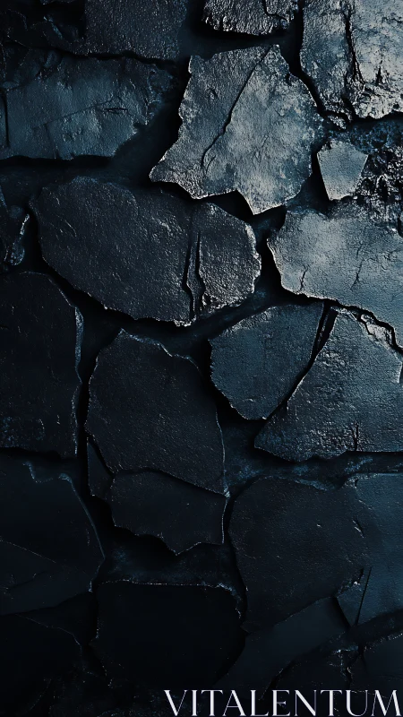Fragmented dark stone surface shows irregular cracked plates
