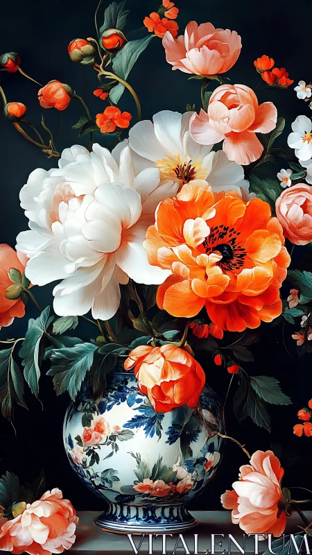 Baroque Floral Arrangement: Peonies and Ranunculus in Blue-White Porcelain Vessel