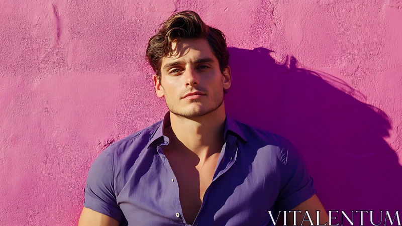 Relaxed portrait against a bold pink sunlit wall.