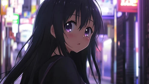 Anime girl on illuminated urban street at night, rear view.