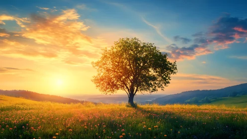 Solitary tree in sunset meadow with distant rolling hills.
