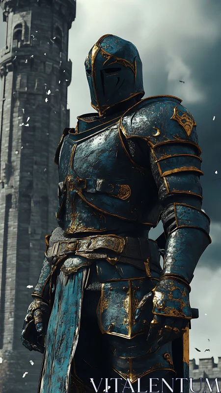 Armored knight in weathered teal plate beneath storm clouds.