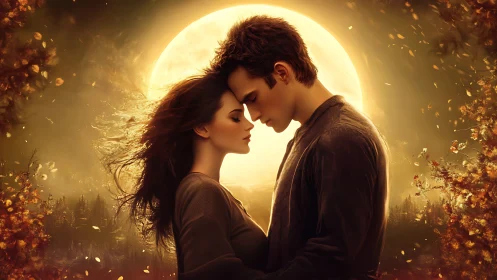 Two figures embrace beneath luminous celestial backdrop with atmospheric golden particles.