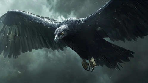 Predatory black eagle diving through stormy sky.