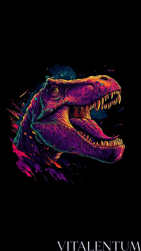Neon chromatic T. rex head profile with dynamic paint streaks