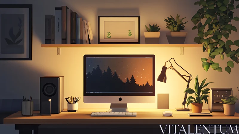 Cozy desktop workspace with plants and warm monitor glow.