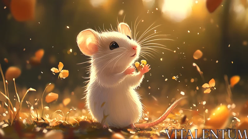 Autumn backlit field mouse with volumetric bokeh dispersion.