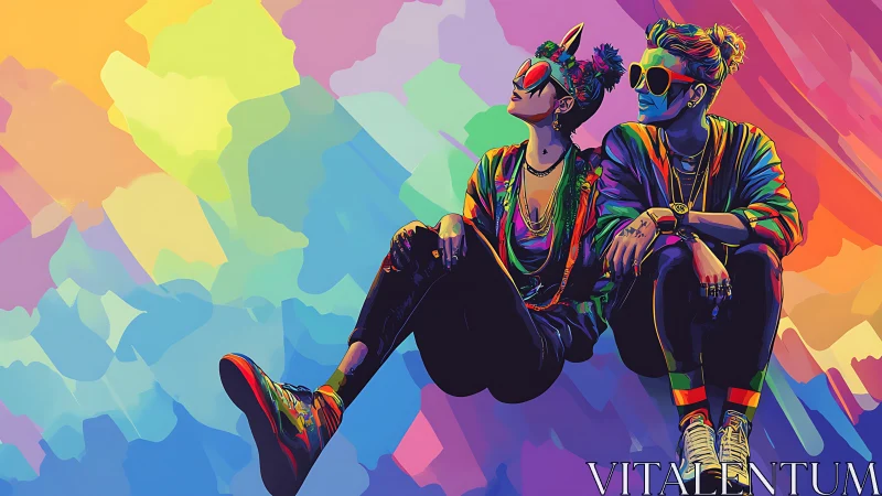 Neon-clad duo in saturated gradient field with stylized rim lighting