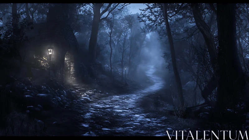 Misty Forest Path: Nocturnal Landscape with Luminous Architecture.