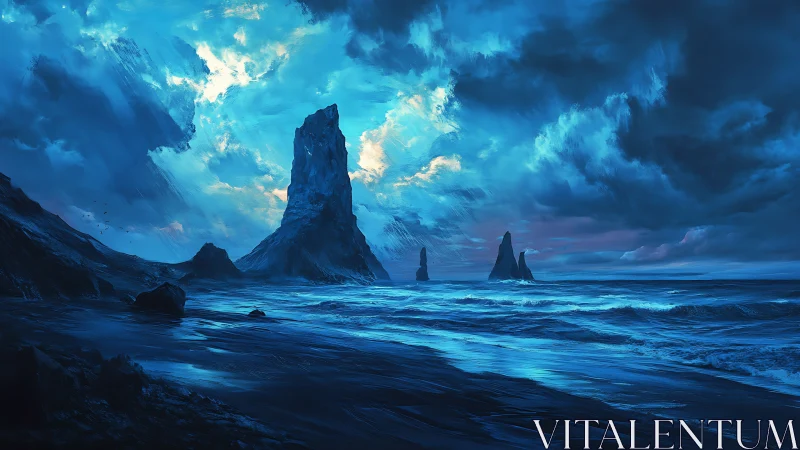 Monolithic Sea Stack Formation Under Dramatic Sky