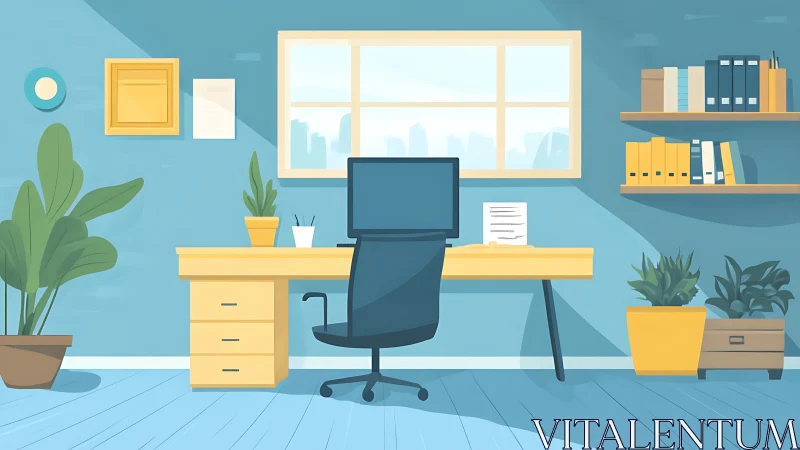 Sunlit home office workspace blends comfort and focus.