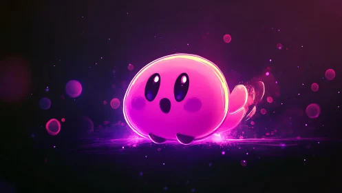 Glowing pink blob-like character on dark abstract field.