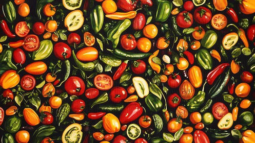 Rainbow harvest of glossy peppers and tomatoes in playful riot.