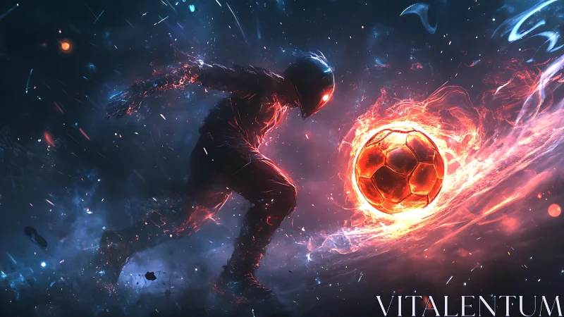 Futuristic figure interacts with energized soccer ball in void