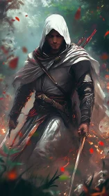 Calm hooded warrior walking through a storm of embers.
