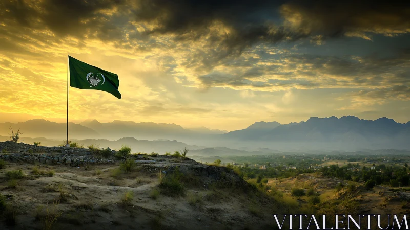Green flag over sunrise valley and distant mountain range.