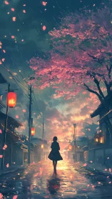 Silhouette on rainy street under glowing cherry blossoms.