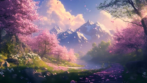Blossom-lined river drifts softly beneath glowing alpine peaks