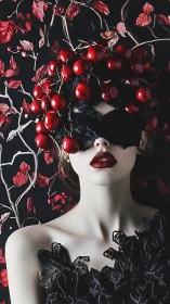Cherry crowned woman in black lace mask against red vines.