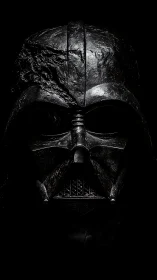 Charred, high-contrast helmet portrait with asymmetric surface erosion