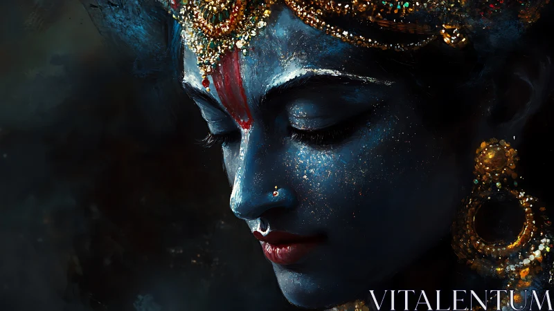 Blue-skinned adorned face in partial profile with jewelry.