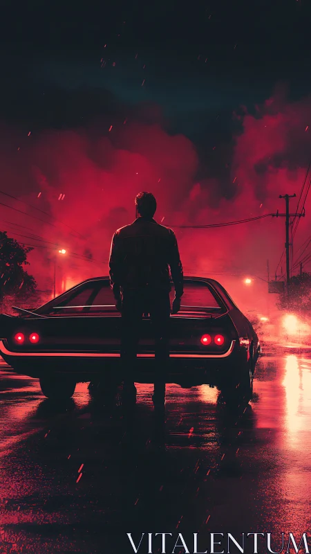 Lone driver stands by muscle car under red neon rain