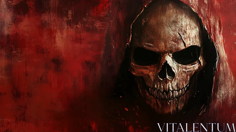 Grim skull figure on red textured abstract background.
