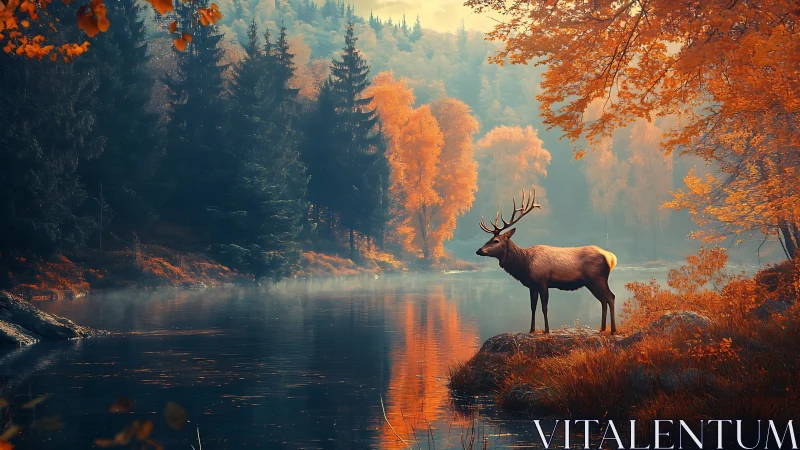 Stag stands by calm river in dense autumn forest light.