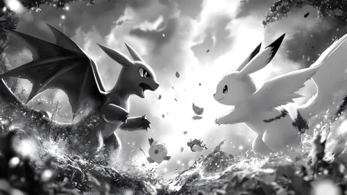 Winged creatures clash midair in dramatic forest battle.